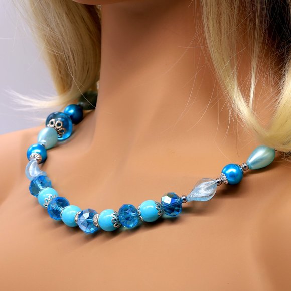 Necklace Turquoise Crystals Pearl Teardrops Bead Capping Hand Blown Glass Beads - Picture 2 of 3